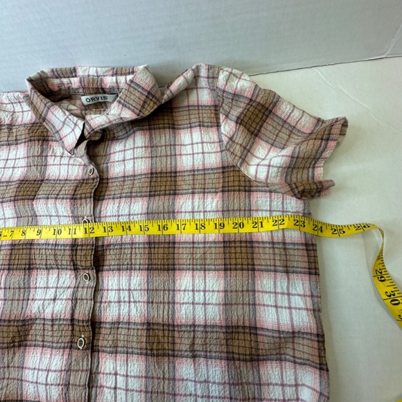 Orvis Plaid Button-Up Short Sleeve Shirt – Pink, Brown & White – Size Large - Picture 9 of 11